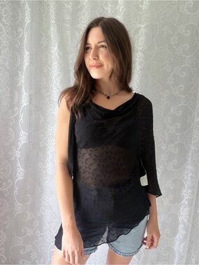 Vintage 90s Angie Black Sheer Sequin Asymmetrical Draped Top